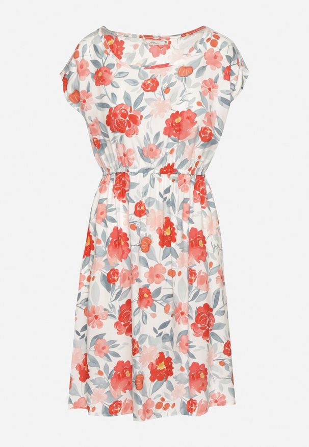 Born2be - Czerwona Kwiatowa Sukienka z Bawełną o Rozkloszowanym Kroju Mavelione. Okazja: na co dzień. Kolor: czerwony. Materiał: bawełna. Wzór: kwiaty. Typ sukienki: rozkloszowane. Styl: casual, klasyczny