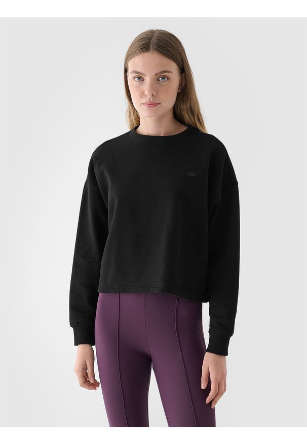 4f - 4F Bluza dresowa nierozpinana bez kaptura damska - czarna XXL. Okazja: na co dzień. Typ kołnierza: bez kaptura. Kolor: czarny. Materiał: dresówka. Wzór: gładki, ze splotem. Styl: klasyczny, sportowy, casual