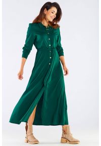 Sukienki.shop - Trapezowa sukienka maxi z koszulową górą. Okazja: na co dzień, na spacer. Materiał: wiskoza, elastan, materiał. Wzór: nadruk. Sezon: lato. Typ sukienki: koszulowe, trapezowe. Styl: sportowy, casual, elegancki. Długość: maxi