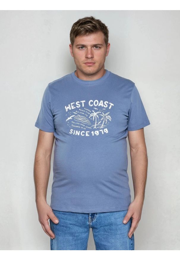 Big-Star - Koszulka męska z nadrukiem niebieska Reddrez 402. Okazja: na co dzień. Kolor: niebieski. Materiał: bawełna, dzianina, jeans. Wzór: nadruk. Sezon: lato. Styl: casual, wakacyjny, klasyczny
