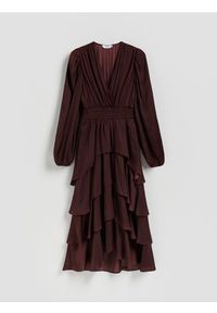 Reserved - Sukienka maxi w groszki - bordowy. Kolor: czerwony. Materiał: tkanina. Wzór: grochy. Długość: maxi #1