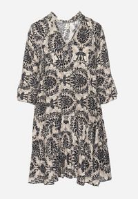 Born2be - Beżowo-Czarna Rozkloszowana Sukienka z Bawełny z Falbanami w Ornamentalny Wzór Lanoreth. Okazja: na spacer, na co dzień. Typ kołnierza: dekolt w serek. Kolor: czarny. Materiał: bawełna. Typ sukienki: rozkloszowane, proste. Styl: casual, klasyczny #5