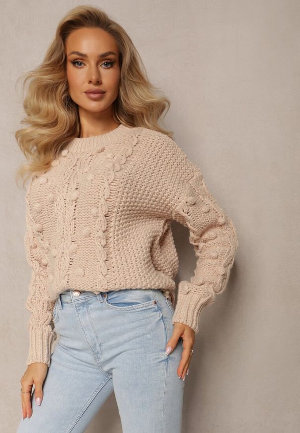 Renee - Beżowy Grubo Pleciony Sweter z Wełną i Bawełną Bavime. Okazja: na co dzień. Kolor: beżowy. Materiał: bawełna, wełna. Sezon: zima. Styl: wizytowy, casual
