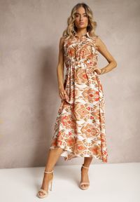 Renee - Beżowa Rozkloszowana Sukienka z Ozdobnymi Naszyciami na Dekolcie w Abstrakcyjni Print Flubia. Okazja: na imprezę. Kolor: beżowy. Materiał: skóra. Wzór: aplikacja, nadruk. Styl: elegancki