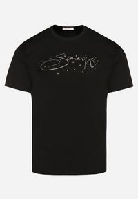 Born2be - Czarny Bawełniany T-shirt z Ozdobnym Napisem i Cyrkoniami Olisandra. Okazja: na co dzień. Kolekcja: plus size. Kolor: czarny. Materiał: bawełna. Wzór: napisy. Styl: klasyczny, casual #6