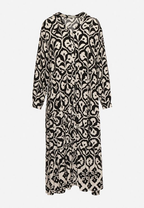 Born2be - Czarno-Biała Sukienka w Ornamentalny Wzór o Koszulowym Fasonie Venleia. Kolor: czarny. Wzór: aplikacja, kwiaty. Typ sukienki: koszulowe