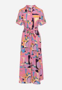 Born2be - Różowa Sukienka Koszulowa w Abstrakcyjny Wzór z Wiązaniem w Talii Zobia. Okazja: na co dzień. Kolor: różowy. Długość rękawa: krótki rękaw. Typ sukienki: koszulowe. Styl: casual #4