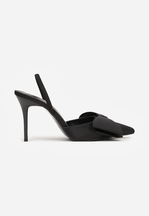 Renee - Czarne Sandały Satynowe na Szpilce Slingback Ozdobione Kokardą Daemoris. Okazja: na wesele, na imprezę, na ślub cywilny. Zapięcie: sprzączka. Kolor: czarny. Materiał: satyna. Wzór: aplikacja. Obcas: na szpilce. Styl: elegancki