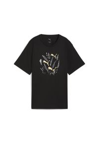 Puma - Damska koszulka o luźnym kroju z grafiką liści PUMA Black. Kolor: czarny. Sport: fitness