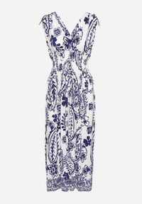 Born2be - Niebieska Sukienka z Roślinnym Wzorem i Kopertowym Dekoltem z Gumką w Talii Orrune. Okazja: na co dzień, do pracy, na spotkanie biznesowe. Typ kołnierza: dekolt kopertowy. Kolor: niebieski. Materiał: jeans. Sezon: lato. Typ sukienki: kopertowe. Styl: biznesowy, klasyczny, casual #6