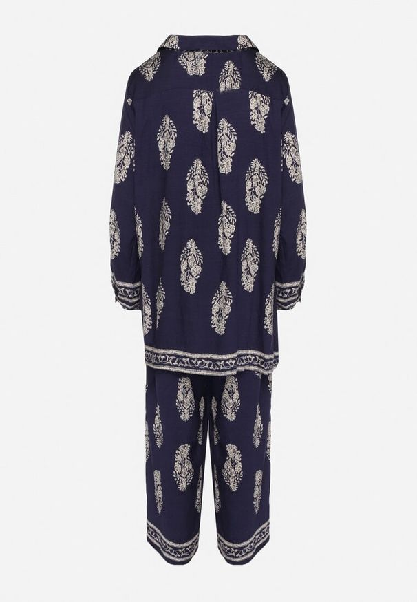 Born2be - Granatowy Komplet w Stylu Boho Oversize Długa Koszula i Luźne Spodnie Meppina. Kolor: niebieski. Materiał: skóra
