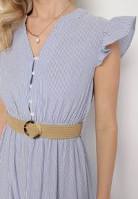 Born2be - Niebieska Bawełniana Sukienka Boho o Rozkloszowanym Kroju z Paskiem z Klamrą Iffalisse. Okazja: na spacer. Kolor: niebieski. Materiał: bawełna. Wzór: aplikacja. Typ sukienki: rozkloszowane. Styl: boho #6