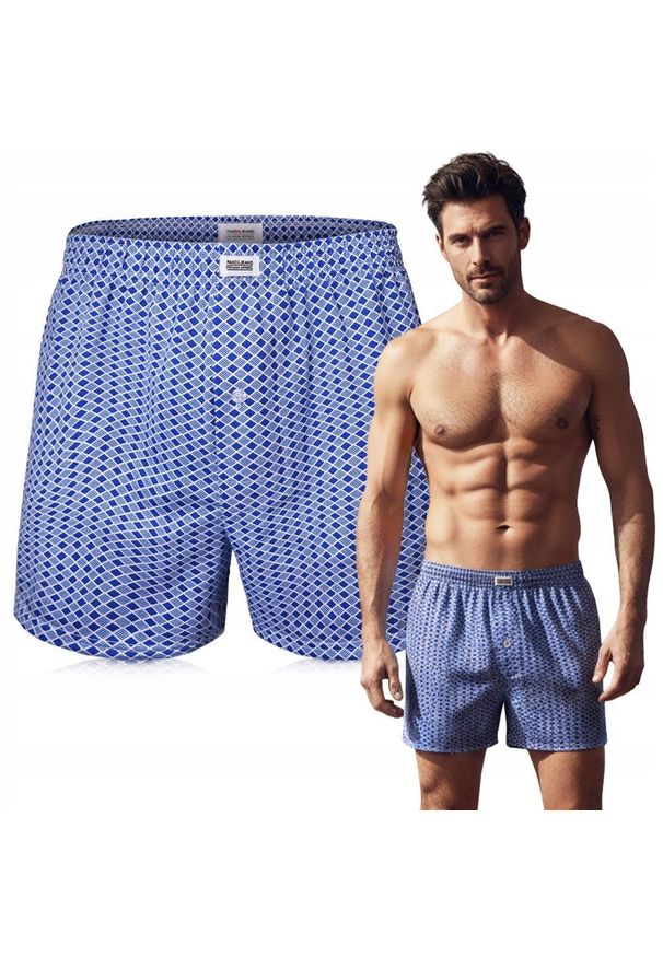 Męskie Bokserki Luźne, Majtki z Rozporkiem na Guzik - Pako Jeans - Niebieskie. Kolor: niebieski. Materiał: bawełna, poliester