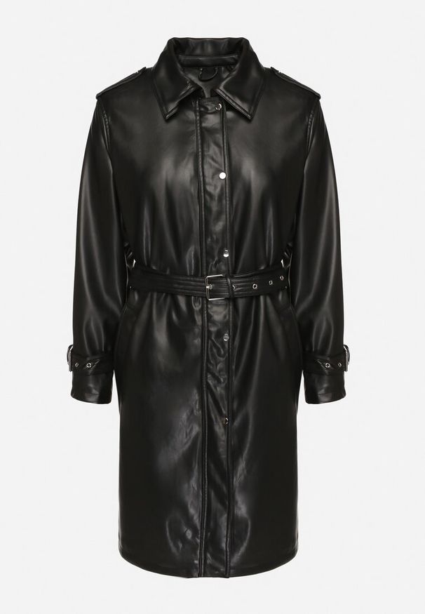 Born2be - Czarny Płaszcz Typu Trencz z Regulowanym Paskiem i Wsuwanymi Kieszeniami Maivira. Okazja: na co dzień. Kolor: czarny. Materiał: jeans. Długość rękawa: długi rękaw. Długość: długie. Styl: elegancki, casual, klasyczny