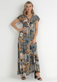 Born2be - Szara Sukienka Maxi z Wiskozy z Gumką w Talii i Guzikami Nyllu. Kolor: szary. Materiał: wiskoza. Wzór: aplikacja. Długość: maxi #2