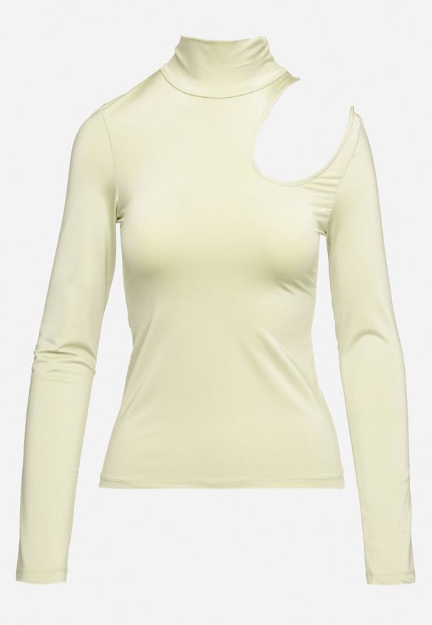 Born2be - Jasnozielona Bluzka z Półgolfem i Wycięciem przy Dekolcie Liliella. Okazja: do pracy, na co dzień. Kolor: zielony. Materiał: jeans. Styl: casual, elegancki