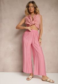 Renee - Różowe Spodnie Palazzo o Szerokim Kroju High Waist Lislevia. Okazja: na co dzień. Stan: podwyższony. Kolor: różowy. Styl: elegancki, casual #4