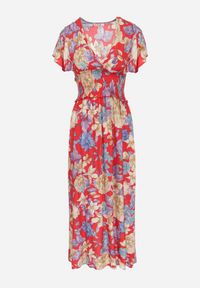 Born2be - Czerwona Sukienka Maxi w Kwiaty z Gumką w Pasie Shepes. Typ kołnierza: dekolt kopertowy. Kolor: czerwony. Materiał: tkanina, wiskoza. Wzór: kwiaty. Typ sukienki: kopertowe. Długość: maxi