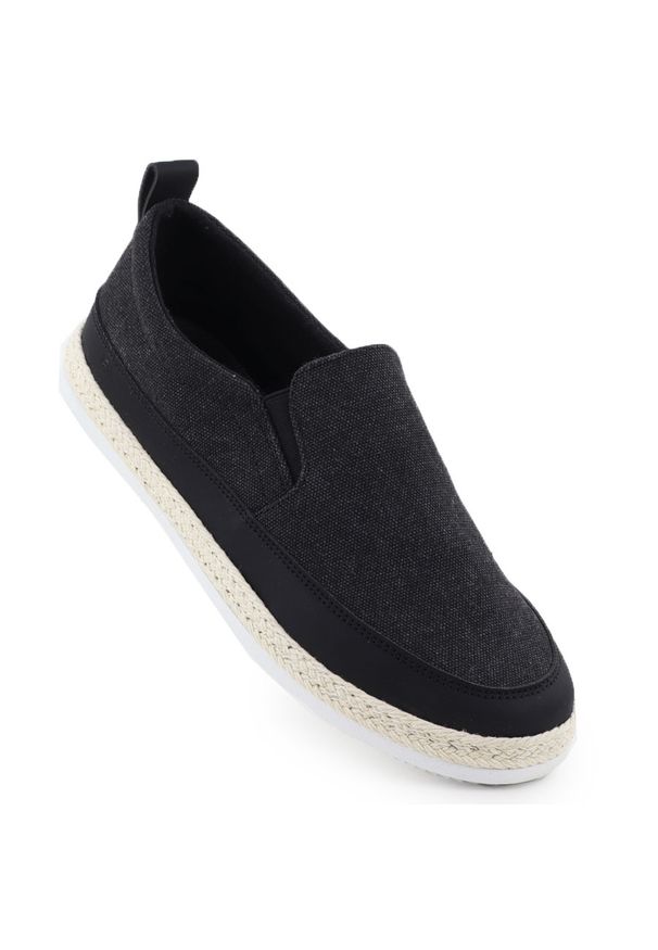 Półbuty męskie espadryle wsuwane czarne Nowacki 0017-T. Zapięcie: bez zapięcia. Kolor: czarny. Materiał: materiał. Szerokość cholewki: normalna