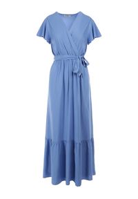 Born2be - Niebieska Sukienka Diomeira. Kolor: niebieski. Materiał: tkanina. Wzór: jednolity, gładki. Typ sukienki: kopertowe. Styl: klasyczny, elegancki. Długość: maxi #4