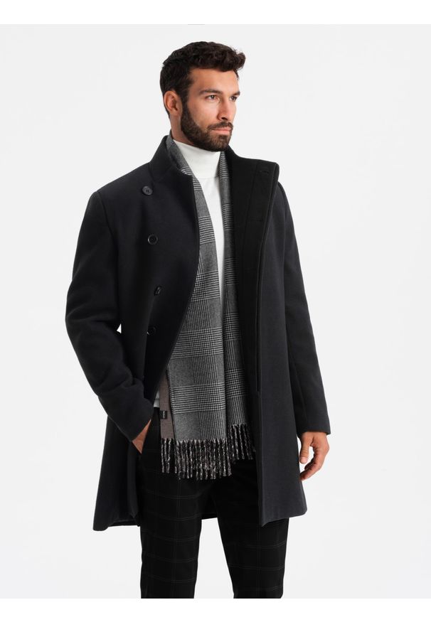 Ombre Clothing - Męski płaszcz z wysokim kołnierzem i asymetrycznym zapięciem – czarny V2 - Rozmiar: XXL. Okazja: na co dzień. Typ kołnierza: kołnierzyk stójkowy. Kolor: czarny. Materiał: wiskoza, poliester, materiał, syntetyk, włókno. Długość: długie. Wzór: aplikacja, jednolity. Styl: wizytowy, casual, elegancki