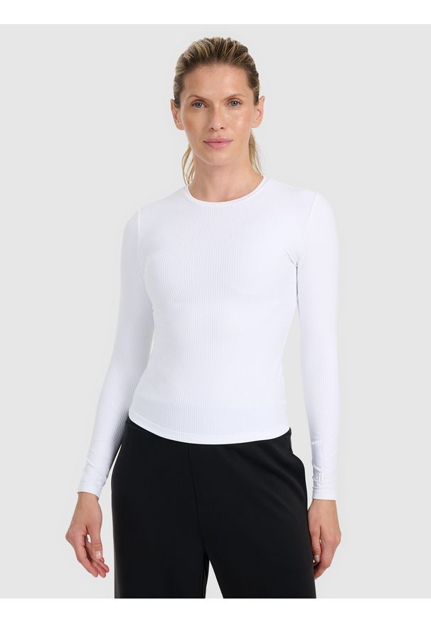 4f - 4F Longsleeve slim z prążkowanej dzianiny damski - biały XS. Kolor: biały. Materiał: prążkowany, dzianina. Długość rękawa: długi rękaw