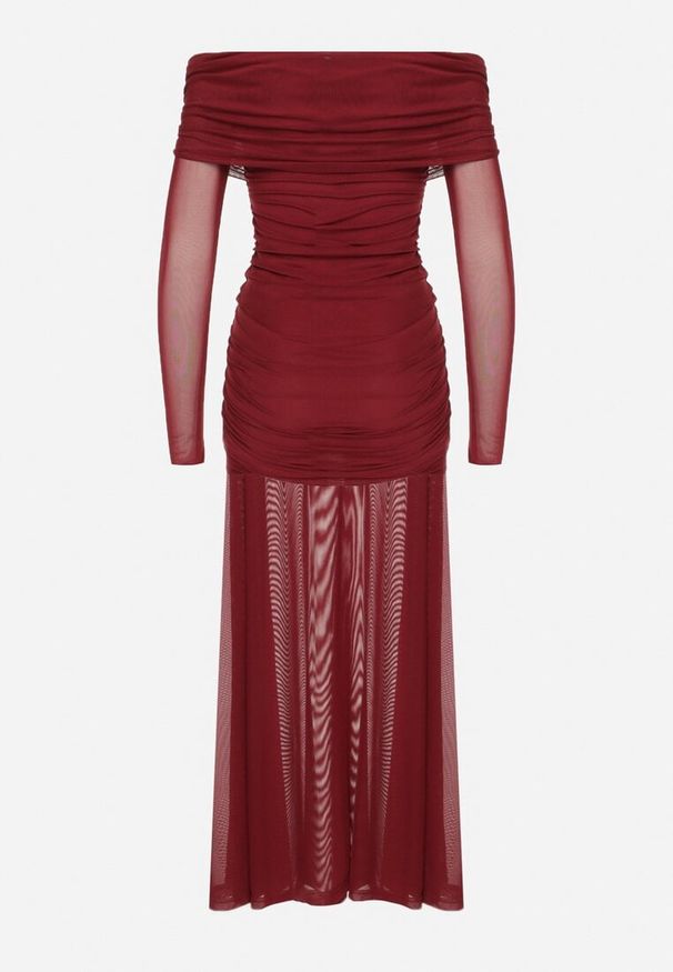 Born2be - Bordowa Taliowana Sukienka Typu Hiszpanka z Transparentnymi Wstawkami Halacia. Typ kołnierza: dekolt hiszpanka. Kolor: czerwony. Styl: elegancki