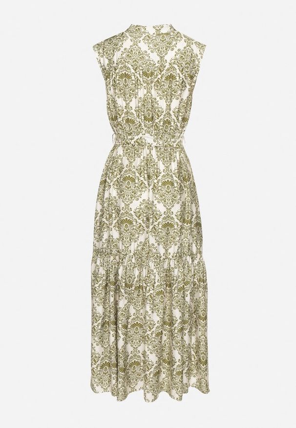 Born2be - Zielona Wiskozowa Sukienka Bez Rękawów z Wiązanym Paskiem Filimea. Okazja: na co dzień. Typ kołnierza: dekolt w kształcie V. Kolor: zielony. Materiał: wiskoza. Długość rękawa: bez rękawów. Typ sukienki: proste. Styl: casual, elegancki