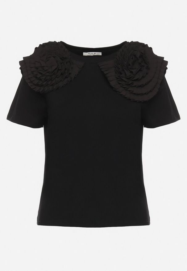 Born2be - Czarny Bawełniany T-shirt z Materiałową Aplikacją 3D Jolilena. Okazja: na spotkanie biznesowe, na spacer, na co dzień. Kolor: czarny. Materiał: bawełna, materiał. Wzór: aplikacja. Styl: biznesowy, klasyczny, elegancki, casual