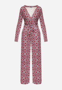 Born2be - Czerwono-Biały Wzorzysty Kombinezon z Długim Rękawem i Szerokimi Spodniami z Wiązaniem w Pasie Vilati. Kolor: niebieski. Długość rękawa: długi rękaw. Długość: długie. Wzór: geometria. Styl: elegancki #3