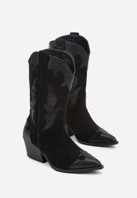 Renee - Czarne Kozaki Kowbojki na Stożku z Tłoczoną Cholewką Avrenne. Kolor: czarny. Materiał: jeans. Szerokość cholewki: normalna. Obcas: na stożku. Styl: elegancki. Wysokość obcasa: średni #3