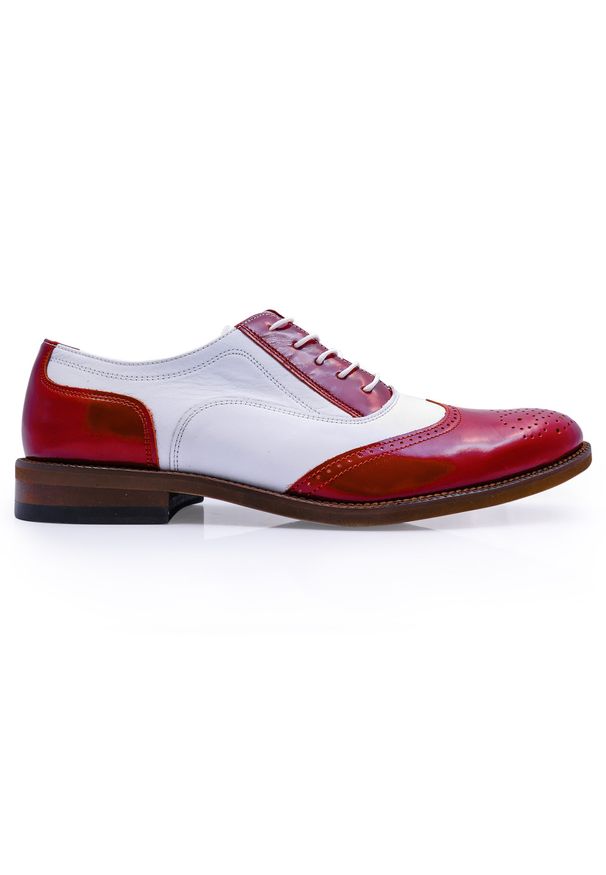 Modini - Czerwono-białe obuwie męskie - spektatory, caponki T98. Kolor: biały, wielokolorowy, czerwony. Materiał: skóra, lakier. Styl: klasyczny, wizytowy