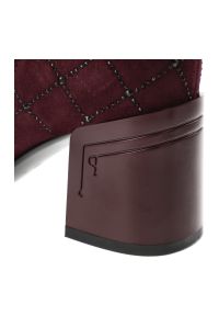 Bordowe Botki S.Barski Stylowe Buty Damskie. Zapięcie: zamek. Kolor: czerwony. Materiał: zamsz. Wzór: kratka, aplikacja. Obcas: na obcasie. Styl: elegancki. Wysokość obcasa: średni #7