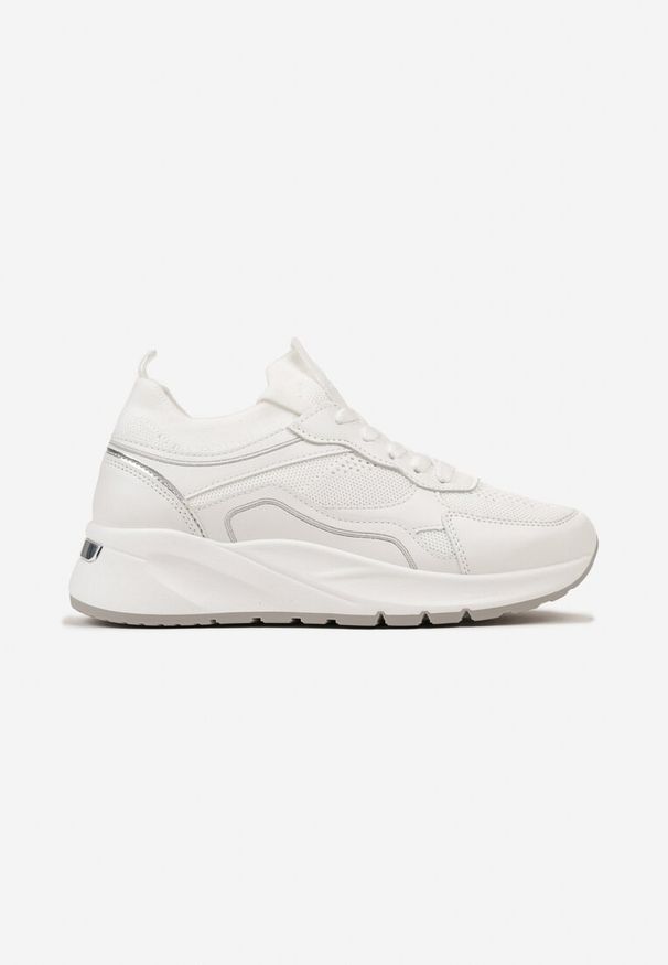 Born2be - Białe Sneakersy na Grubej Podeszwie z Metalicznymi Wstawkami i Sznurowaniem Aelria. Okazja: na co dzień. Kolor: biały. Obcas: na obcasie. Wysokość obcasa: niski