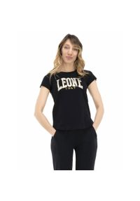 LEONE 1947 APPAREL - Damska koszulka z logo w kolorze złoto-srebrnym. Kolor: czarny. Materiał: tkanina. Sport: fitness