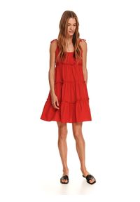 TOP SECRET - Bawełniana sukienka mini z marszczeniami. Kolor: czerwony. Materiał: bawełna. Długość rękawa: na ramiączkach. Sezon: lato. Styl: wakacyjny. Długość: mini #4