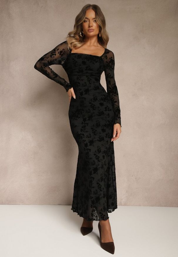 Renee - Czarna Sukienka VICES Bodycon z Siateczki Ozdobionej Wzorem w Kwiaty Rivita. Okazja: na imprezę. Typ kołnierza: dekolt kwadratowy. Kolor: czarny. Wzór: kwiaty, aplikacja. Typ sukienki: bodycon. Styl: elegancki