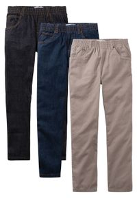 Spodnie chłopięce z gumką w talii (3 pary w opak.), Loose Fit bonprix czarny "stone" + ciemnoniebieski "stone" + brunatny. Kolor: czarny #1