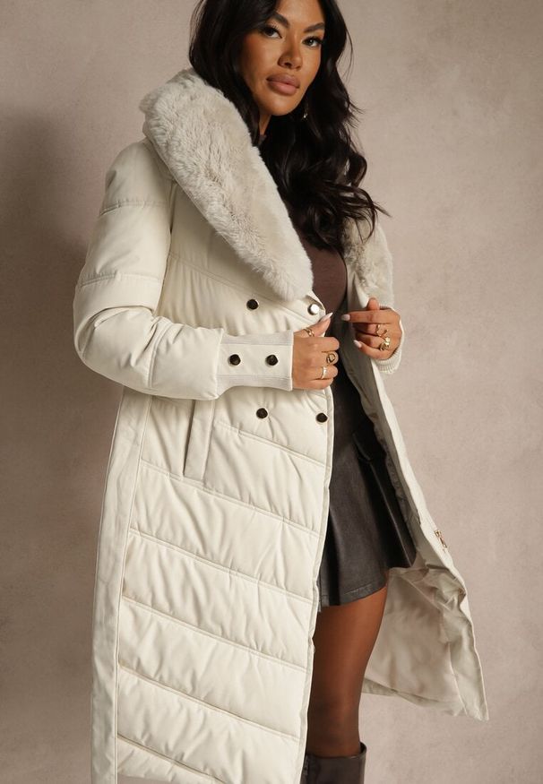 Renee - Biała Pikowana Kurtka o Eleganckim Kroju z Futerkiem i Wiązanym Paskiem Galinessa. Kolor: biały. Materiał: futro. Sezon: zima. Styl: elegancki