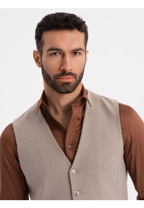 Ombre Clothing - Kamizelka męska garniturowa z klasycznym detalem i podszewką – beżowa V1 - Rozmiar: XXL. Kolor: beżowy. Materiał: wiskoza, poliester, materiał. Styl: klasyczny