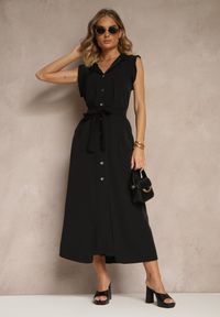 Renee - Czarna Sukienka z Paskiem Koszulowa o Rozkloszowanym Fasonie Mavoselle. Okazja: na co dzień. Kolor: czarny. Materiał: jeans. Typ sukienki: koszulowe. Styl: elegancki, casual