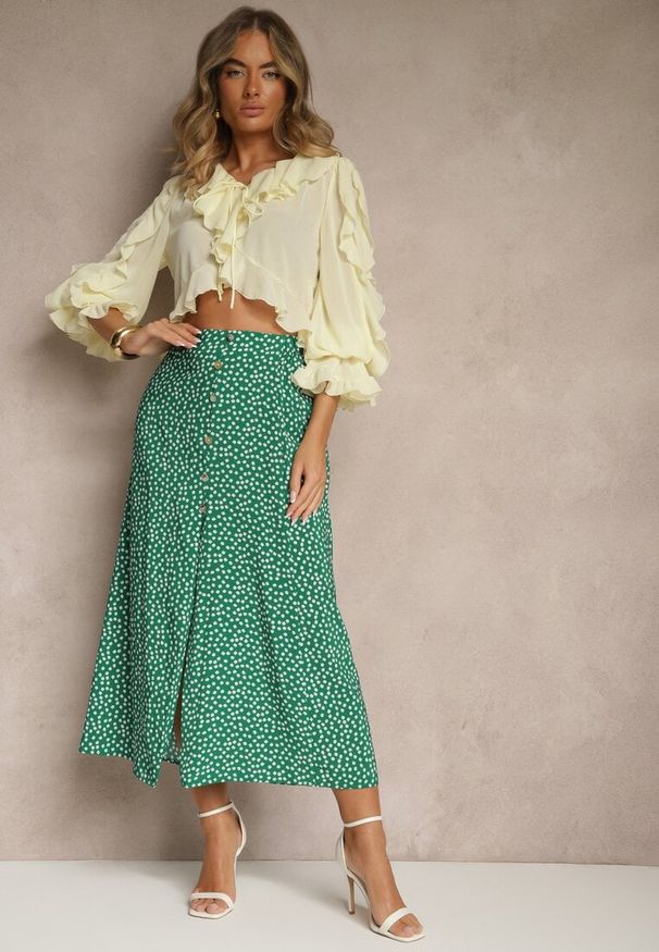 Renee - Zielona Spódnica Rozkloszowana High Waist Ozdobiona Kropkami i Guzikami Meronira. Okazja: na co dzień, na spacer. Stan: podwyższony. Kolor: zielony. Wzór: aplikacja, kropki. Styl: klasyczny, elegancki, casual
