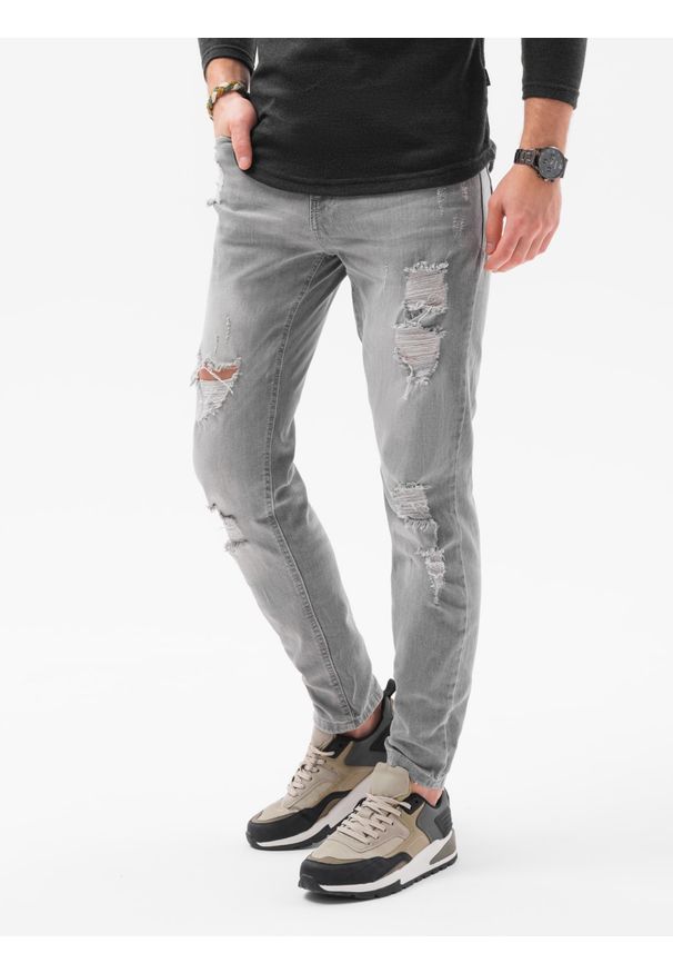 Ombre Clothing - Spodnie męskie jeansowe z dziurami REGULAR FIT - szare V2 P1024 - XXL. Okazja: na co dzień. Kolor: szary. Materiał: jeans. Styl: klasyczny, casual