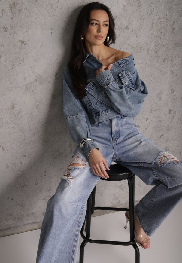 Renee - Niebieskie Bawełniane Jeansy Ballloon z Wiskozą High Waist Ozdobione Dziurami Lamma. Stan: podwyższony. Kolor: niebieski. Wzór: aplikacja. Sezon: wiosna