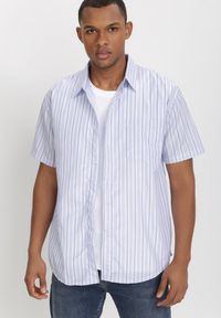 Born2be - Biało-Niebieska Koszula Othriphi. Okazja: na co dzień. Kolekcja: plus size. Kolor: biały. Materiał: jeans, tkanina. Długość rękawa: krótki rękaw. Długość: krótkie. Wzór: paski, gładki. Styl: casual, klasyczny #6