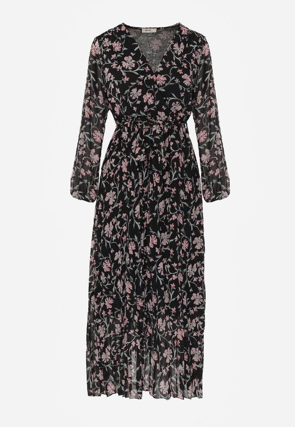 Renee - Czarna Sukienka z Kopertowym Dekoltem i Plisowanym Dołem Narelline. Typ kołnierza: dekolt kopertowy. Kolor: czarny. Wzór: kwiaty, aplikacja. Typ sukienki: kopertowe