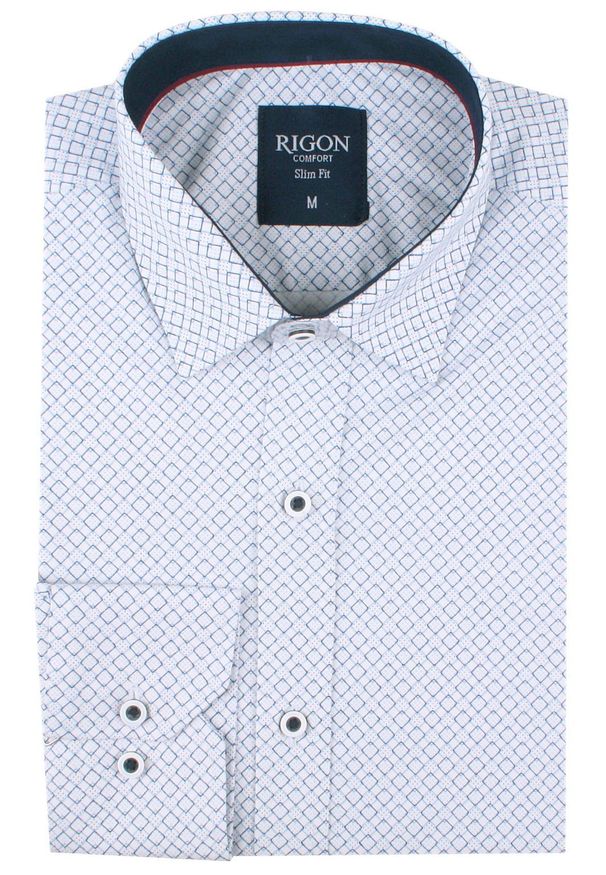 Męska Koszula, Taliowana (Slim Fit) - Rigon - Biel, Wzór. Okazja: do pracy, na spotkanie biznesowe. Materiał: bawełna, poliester, elastan. Długość rękawa: długi rękaw. Długość: długie. Styl: wizytowy, elegancki, biznesowy