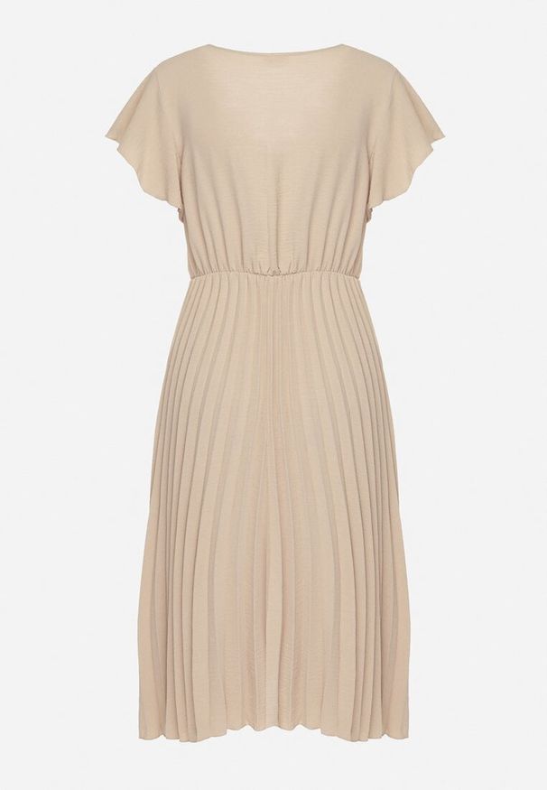 Born2be - Beżowa Sukienka Plisowana o Rozkloszowanym Fasonie i Trójkątnym Dekolcie Rissara. Okazja: na co dzień, na spotkanie biznesowe. Kolor: beżowy. Materiał: skóra, materiał. Długość rękawa: krótki rękaw. Styl: casual, biznesowy, elegancki