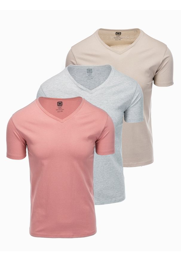 Ombre Clothing - Zestaw koszulek bawełnianych V-NECK 3-pak - mix V14 Z29 - XXL. Kolor: różowy. Materiał: bawełna. Wzór: melanż