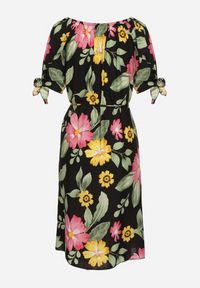 Born2be - Czarna Bawełniana Sukienka w Kwiatowy Wzór z Wiązaniem w Talii i na Rękawach Tosmira. Okazja: na co dzień, na spacer. Kolor: czarny. Materiał: bawełna. Wzór: kwiaty. Sezon: lato. Styl: casual, elegancki #5